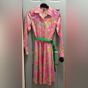 Lauren Ralph Lauren Long Pink Paisley Belted Cotton Button Down Shirt Dress SZ 6
